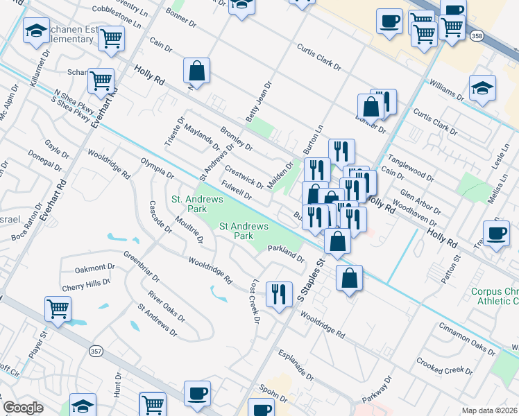 map of restaurants, bars, coffee shops, grocery stores, and more near 5337 Malden Drive in Corpus Christi