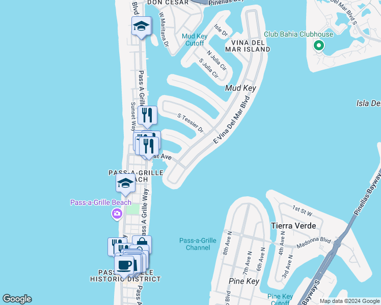 map of restaurants, bars, coffee shops, grocery stores, and more near 2162 West Vina Del Mar Boulevard in St. Pete Beach