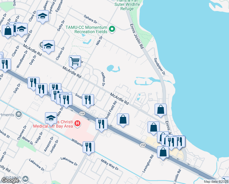 map of restaurants, bars, coffee shops, grocery stores, and more near 76 Townhouse Lane in Corpus Christi