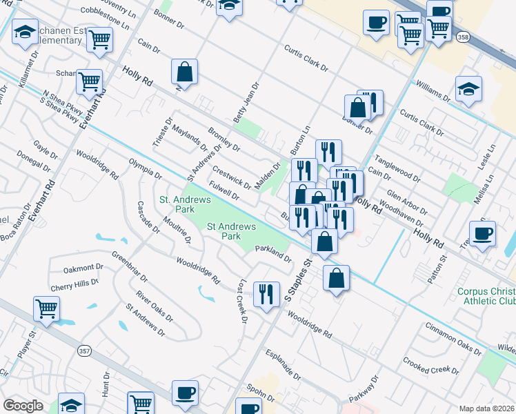 map of restaurants, bars, coffee shops, grocery stores, and more near 5337 Malden Drive in Corpus Christi