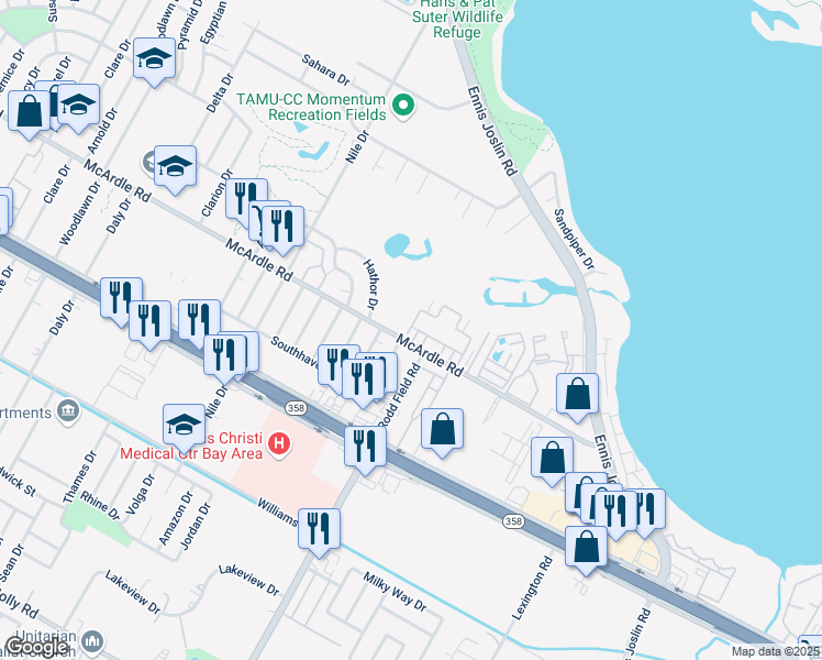 map of restaurants, bars, coffee shops, grocery stores, and more near 76 Townhouse Lane in Corpus Christi