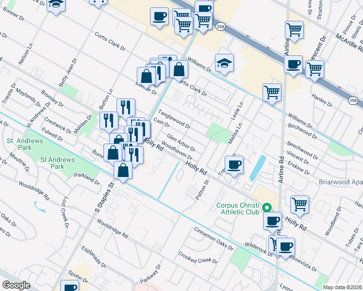 map of restaurants, bars, coffee shops, grocery stores, and more near 5738 Woodhaven Drive in Corpus Christi