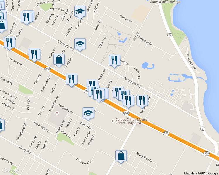 map of restaurants, bars, coffee shops, grocery stores, and more near 1338 Nile Drive in Corpus Christi