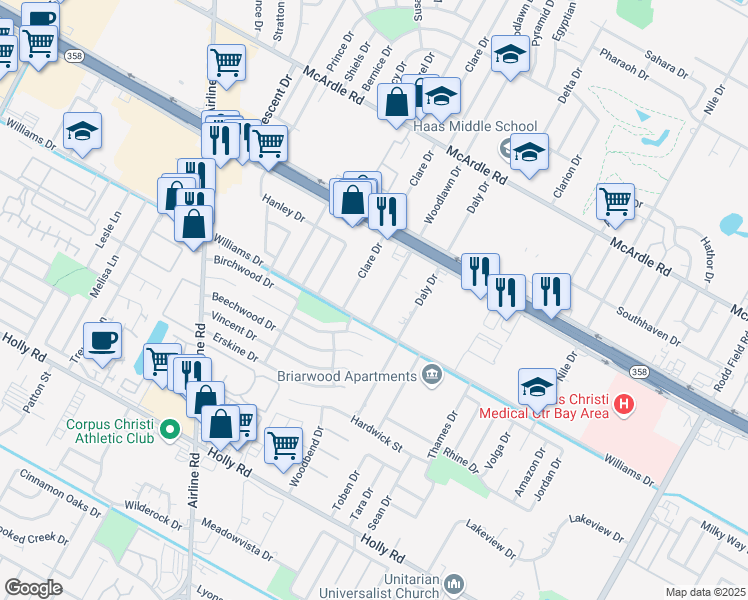 map of restaurants, bars, coffee shops, grocery stores, and more near 1621 Woodlawn Drive in Corpus Christi