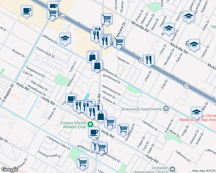 map of restaurants, bars, coffee shops, grocery stores, and more near 6118 Beechwood Drive in Corpus Christi