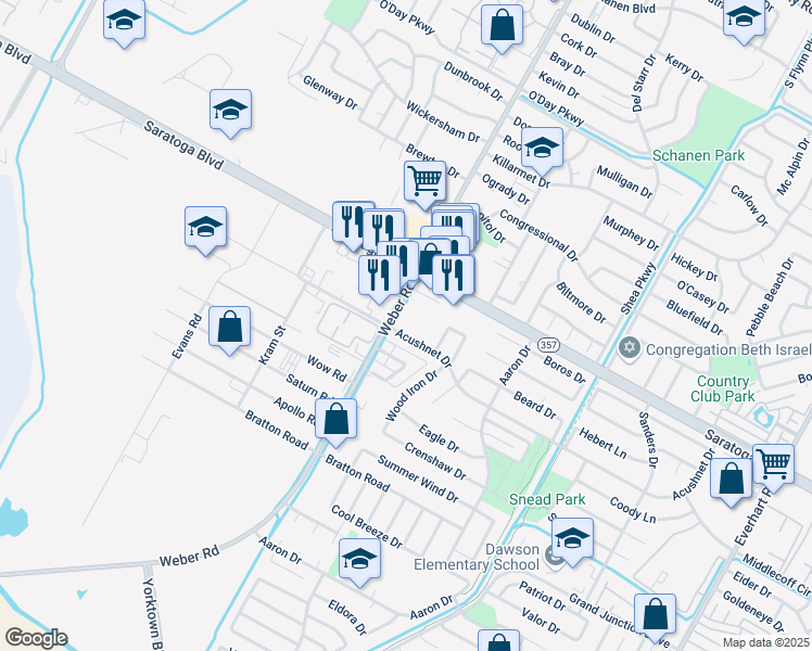 map of restaurants, bars, coffee shops, grocery stores, and more near 6606 Weber Road in Corpus Christi