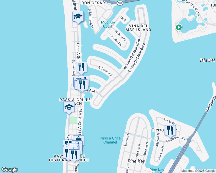 map of restaurants, bars, coffee shops, grocery stores, and more near 2203 West Vina Del Mar Boulevard in St. Pete Beach