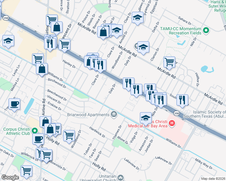map of restaurants, bars, coffee shops, grocery stores, and more near 1538 Daly Drive in Corpus Christi