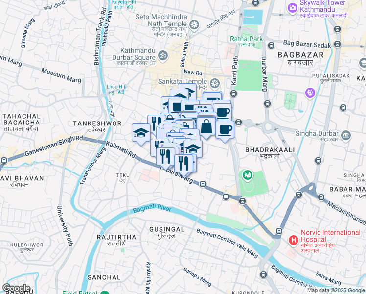 map of restaurants, bars, coffee shops, grocery stores, and more near Bhotebahal Marga in Kathmandu