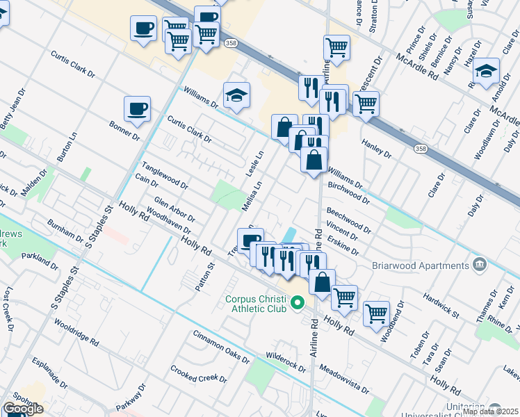 map of restaurants, bars, coffee shops, grocery stores, and more near Treyway Lane in Corpus Christi