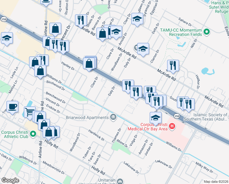 map of restaurants, bars, coffee shops, grocery stores, and more near 1538 Daly Drive in Corpus Christi