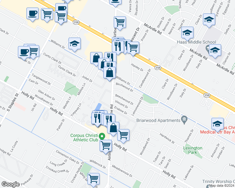 map of restaurants, bars, coffee shops, grocery stores, and more near 6106 Beechwood Drive in Corpus Christi