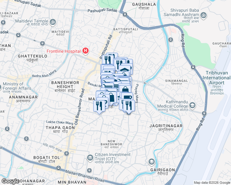map of restaurants, bars, coffee shops, grocery stores, and more near Basuki Marga Sinamangal Road in Kathmandu