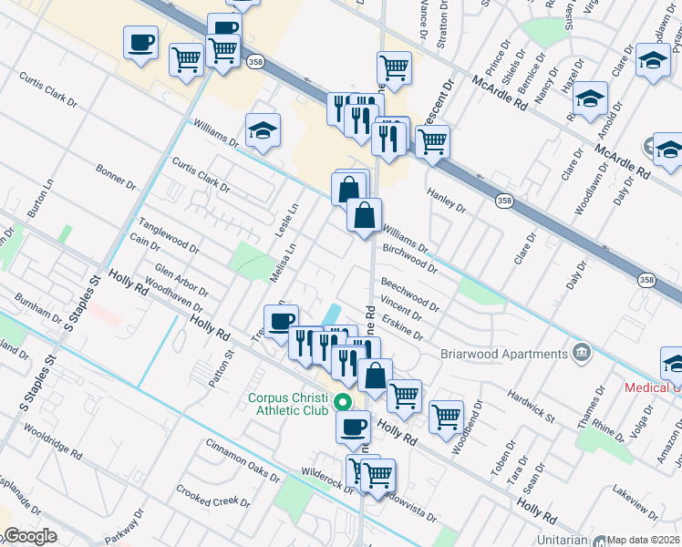map of restaurants, bars, coffee shops, grocery stores, and more near 183 Promise Lane in Corpus Christi