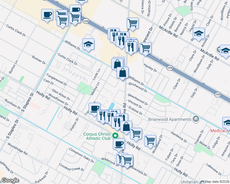 map of restaurants, bars, coffee shops, grocery stores, and more near 183 Promise Lane in Corpus Christi