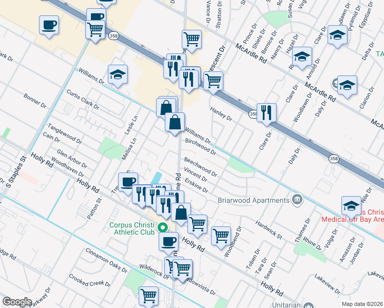 map of restaurants, bars, coffee shops, grocery stores, and more near 6118 Beechwood Drive in Corpus Christi