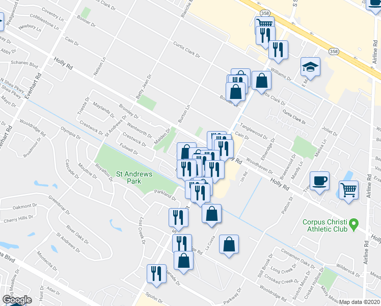 map of restaurants, bars, coffee shops, grocery stores, and more near 5502 Burnham Drive in Corpus Christi