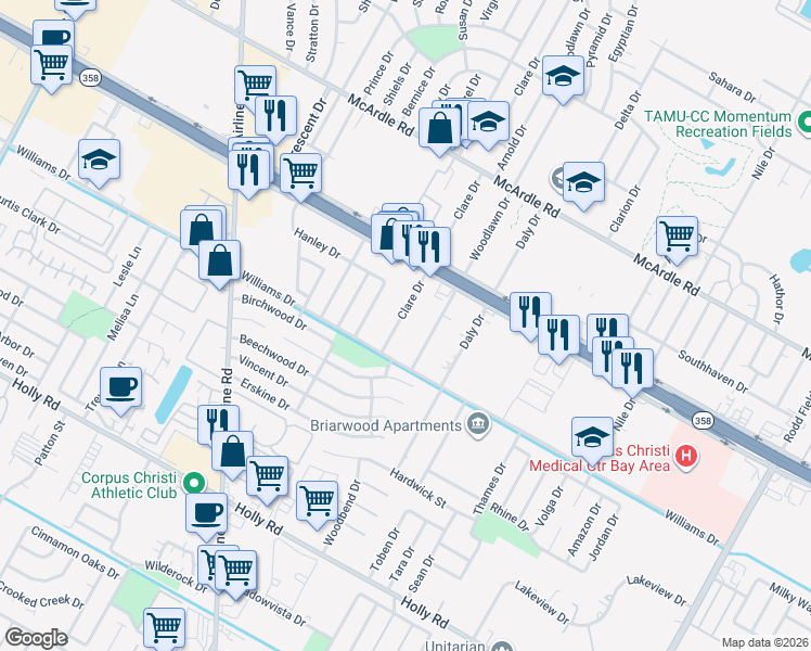 map of restaurants, bars, coffee shops, grocery stores, and more near 1621 Woodlawn Drive in Corpus Christi