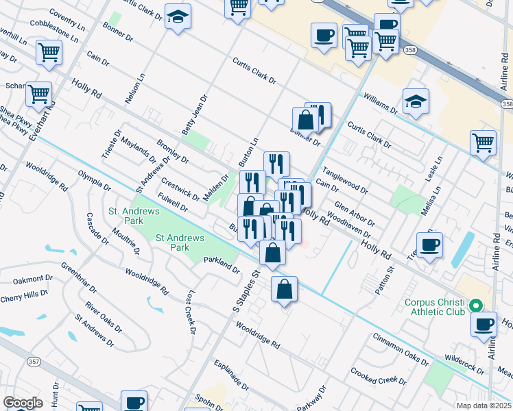 map of restaurants, bars, coffee shops, grocery stores, and more near 5502 Burnham Drive in Corpus Christi