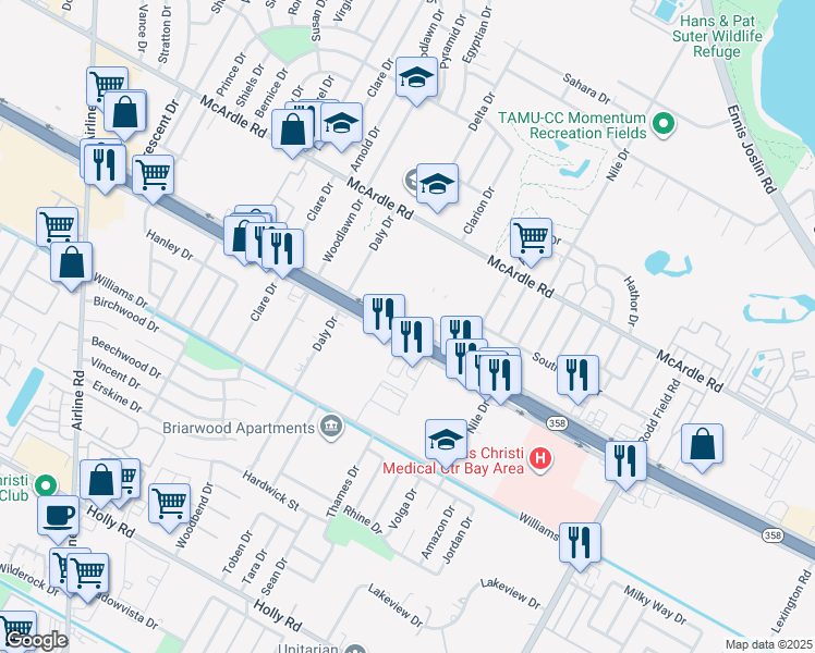 map of restaurants, bars, coffee shops, grocery stores, and more near 6686 South Padre Island Drive in Corpus Christi