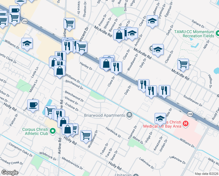 map of restaurants, bars, coffee shops, grocery stores, and more near 1621 Woodlawn Drive in Corpus Christi