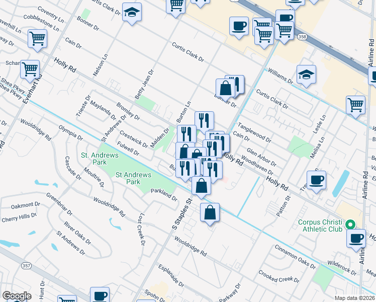 map of restaurants, bars, coffee shops, grocery stores, and more near 5502 Burnham Drive in Corpus Christi