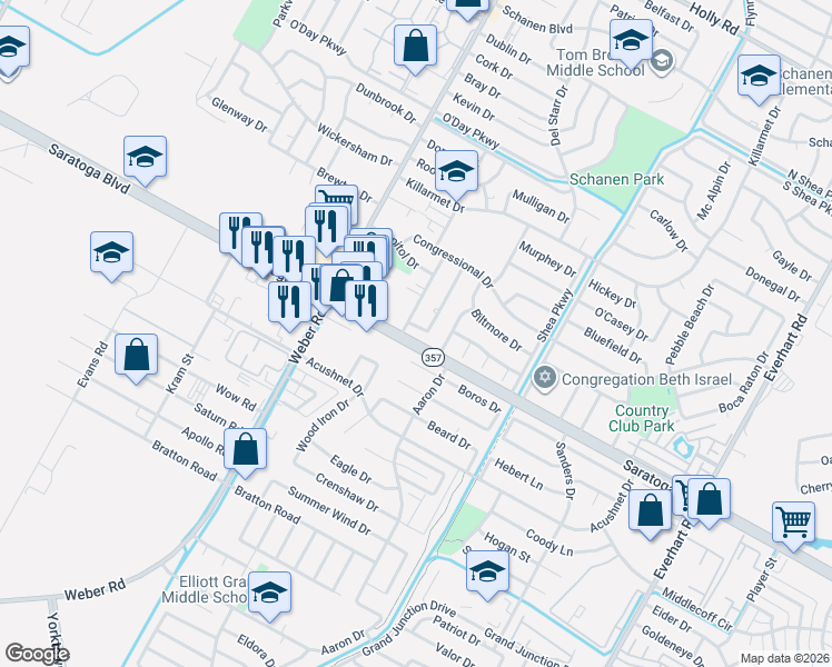 map of restaurants, bars, coffee shops, grocery stores, and more near 6409 Revolution Drive in Corpus Christi
