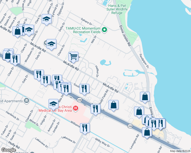 map of restaurants, bars, coffee shops, grocery stores, and more near 7030 Hathor Drive in Corpus Christi
