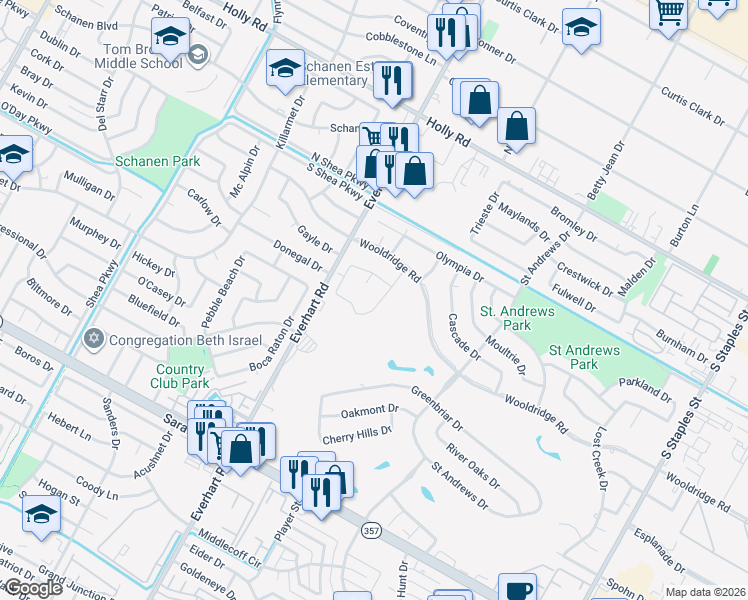 map of restaurants, bars, coffee shops, grocery stores, and more near 4825 Augusta Circle in Corpus Christi