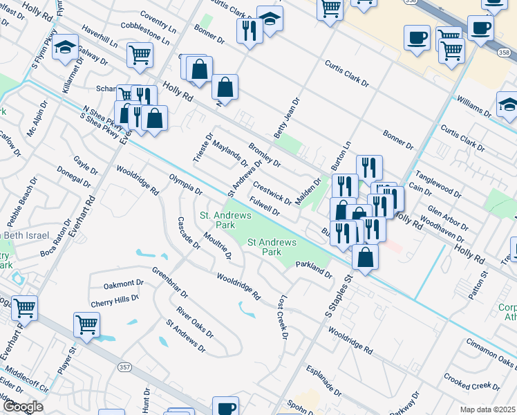 map of restaurants, bars, coffee shops, grocery stores, and more near 5237 Fulwell Drive in Corpus Christi