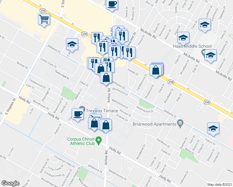map of restaurants, bars, coffee shops, grocery stores, and more near 6118 Orangewood Drive in Corpus Christi