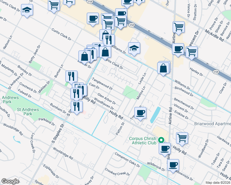 map of restaurants, bars, coffee shops, grocery stores, and more near 5806 Tanglewood Drive in Corpus Christi