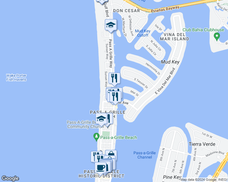map of restaurants, bars, coffee shops, grocery stores, and more near 2301 Pass a Grille Way in St. Pete Beach