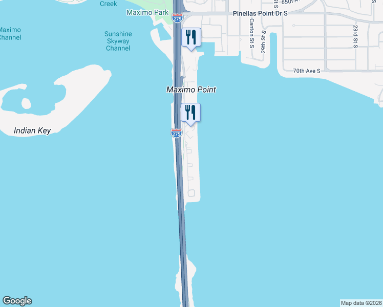 map of restaurants, bars, coffee shops, grocery stores, and more near 7500 Sunshine Skyway Lane South in St. Petersburg