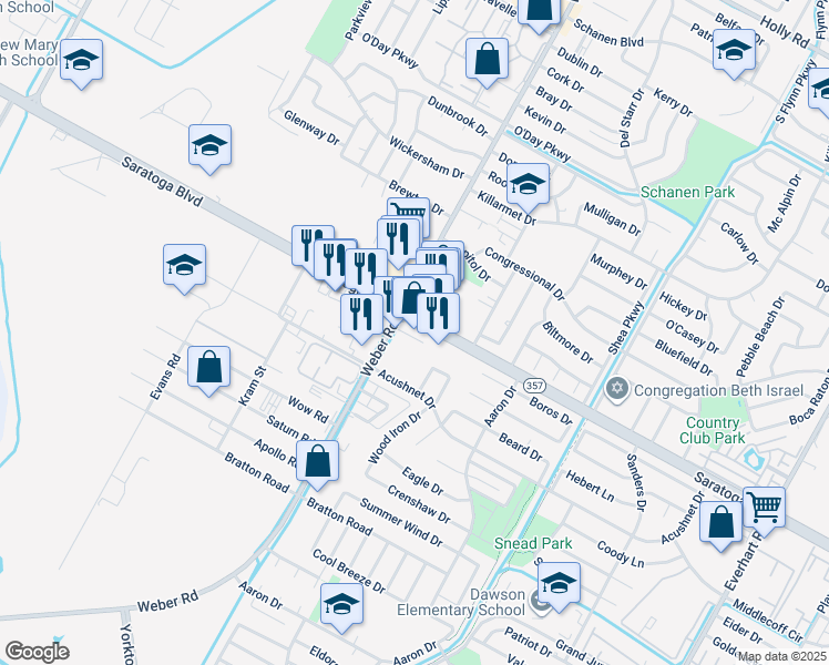 map of restaurants, bars, coffee shops, grocery stores, and more near 4001 Saratoga Boulevard in Corpus Christi
