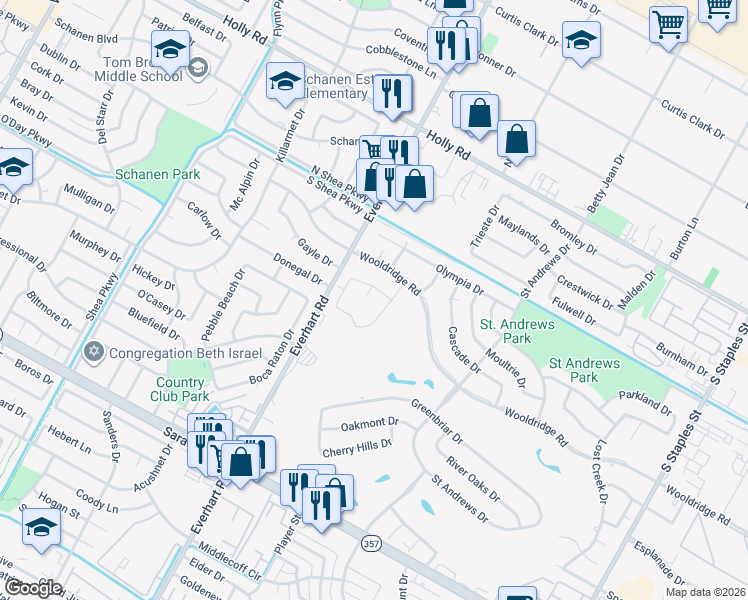 map of restaurants, bars, coffee shops, grocery stores, and more near 4825 Augusta Circle in Corpus Christi
