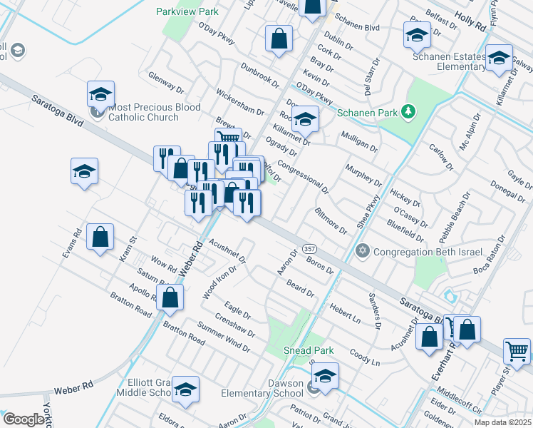 map of restaurants, bars, coffee shops, grocery stores, and more near 6402 Weber Road in Corpus Christi