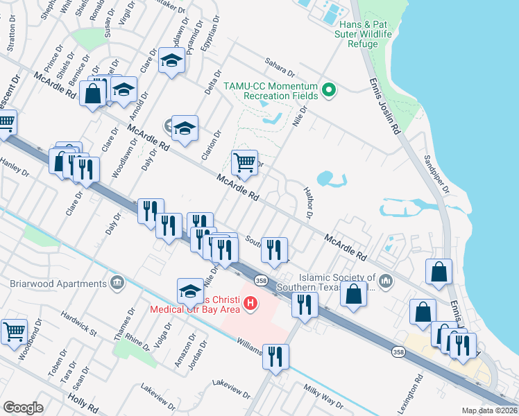 map of restaurants, bars, coffee shops, grocery stores, and more near 6914 McArdle Road in Corpus Christi