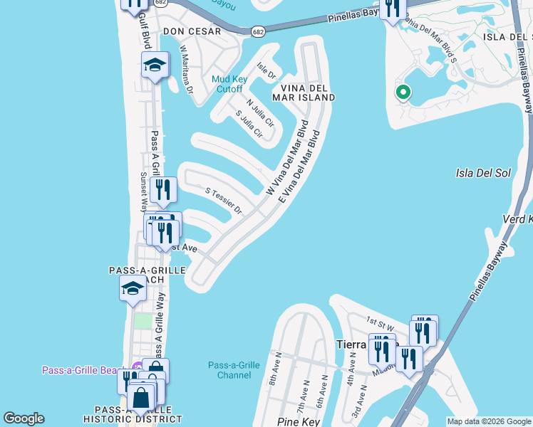 map of restaurants, bars, coffee shops, grocery stores, and more near 2400 East Vina Del Mar Boulevard in St. Pete Beach