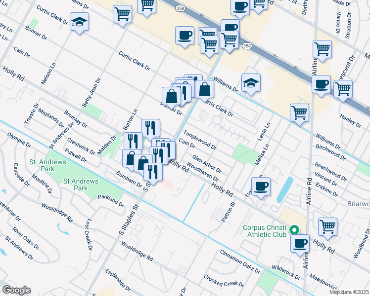 map of restaurants, bars, coffee shops, grocery stores, and more near 2009 Briarwood Drive in Corpus Christi