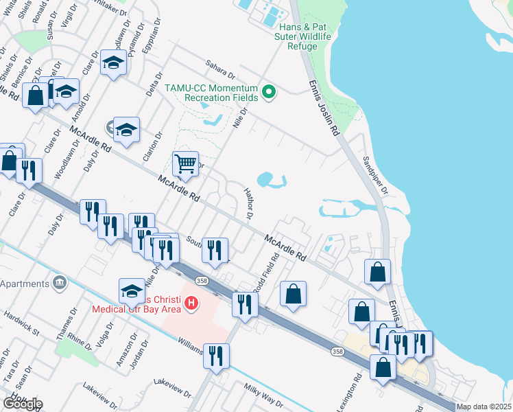 map of restaurants, bars, coffee shops, grocery stores, and more near 7030 Hathor Drive in Corpus Christi