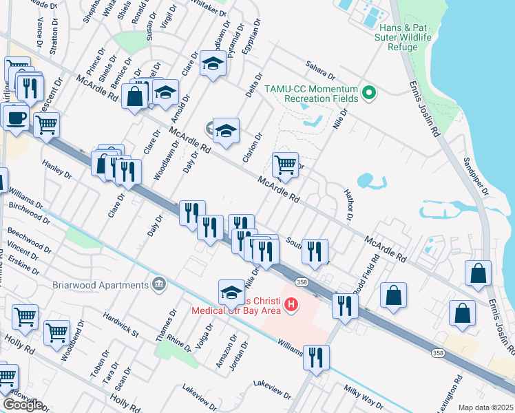 map of restaurants, bars, coffee shops, grocery stores, and more near 1325 Aswan Drive in Corpus Christi