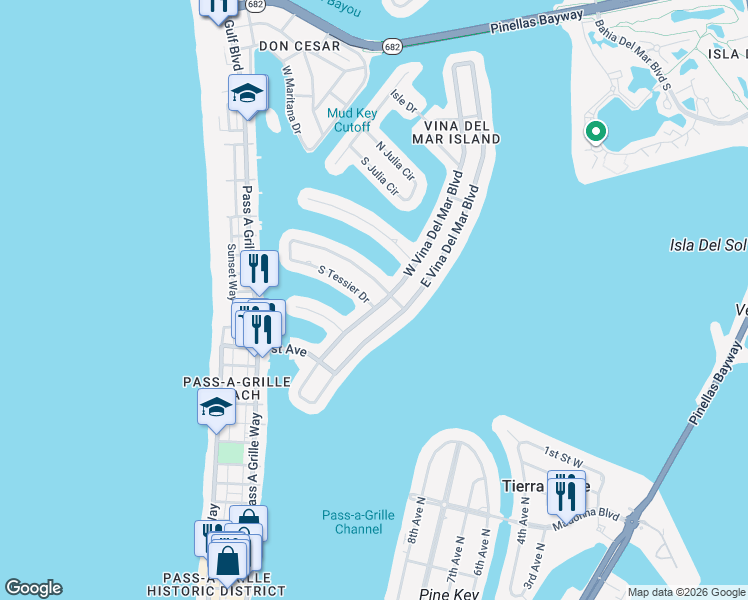 map of restaurants, bars, coffee shops, grocery stores, and more near 385 South Tessier Drive in St. Pete Beach