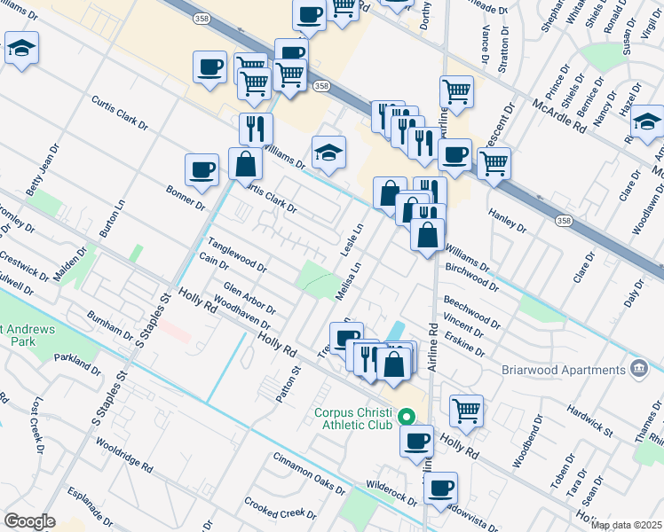 map of restaurants, bars, coffee shops, grocery stores, and more near 1829 Lesle Lane in Corpus Christi