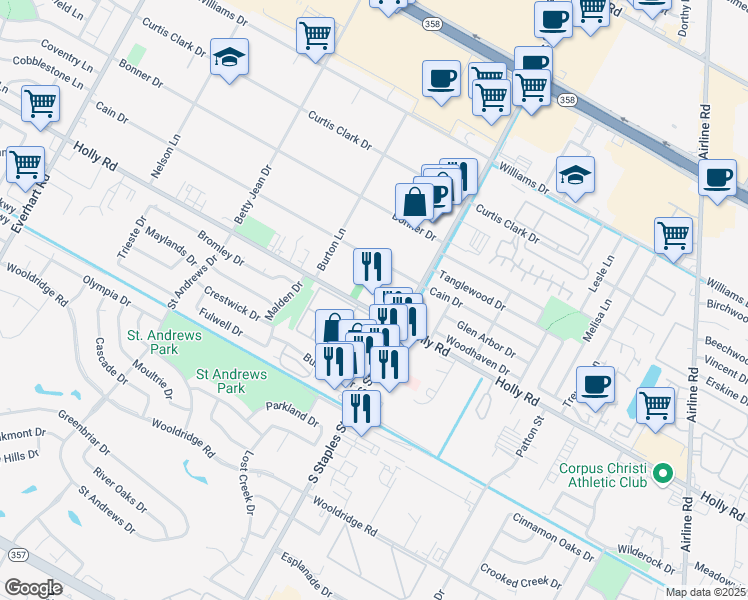 map of restaurants, bars, coffee shops, grocery stores, and more near 5550 Holly Road in Corpus Christi