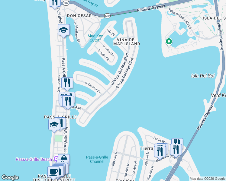 map of restaurants, bars, coffee shops, grocery stores, and more near 2400 East Vina Del Mar Boulevard in St. Pete Beach