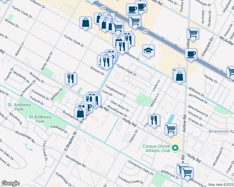 map of restaurants, bars, coffee shops, grocery stores, and more near 5722 Cain Drive in Corpus Christi