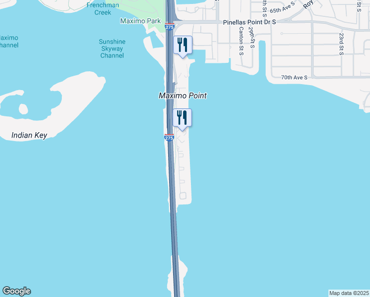 map of restaurants, bars, coffee shops, grocery stores, and more near 7500 Sunshine Skyway Lane South in St. Petersburg