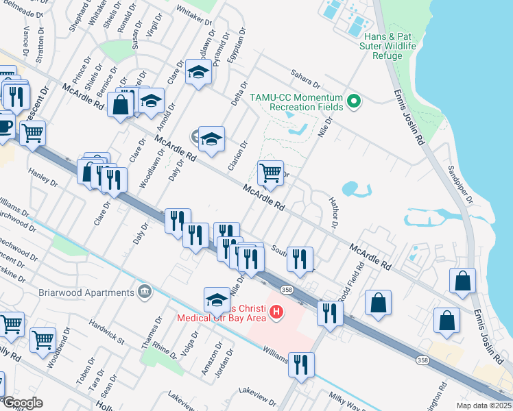 map of restaurants, bars, coffee shops, grocery stores, and more near 1325 Aswan Drive in Corpus Christi