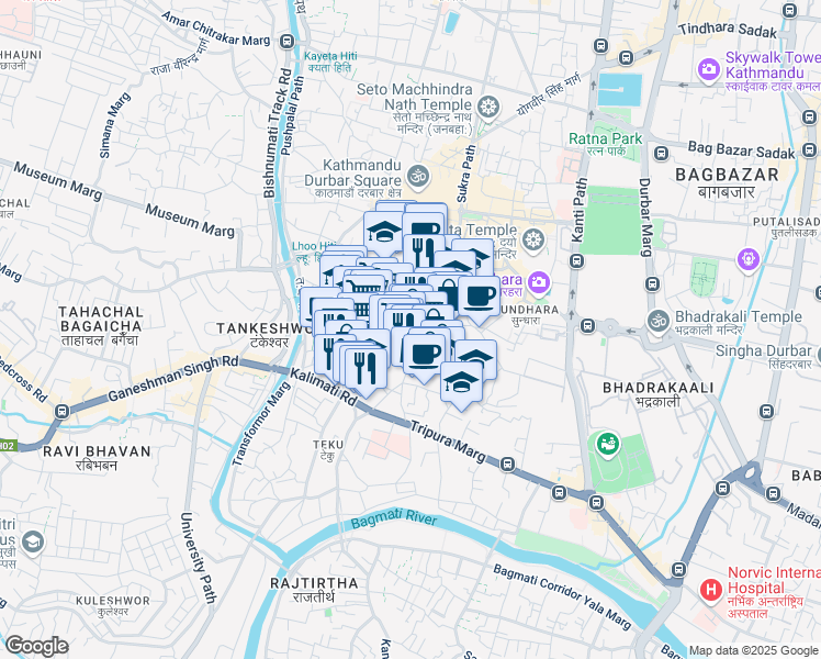 map of restaurants, bars, coffee shops, grocery stores, and more near Brahma Marg in Kathmandu